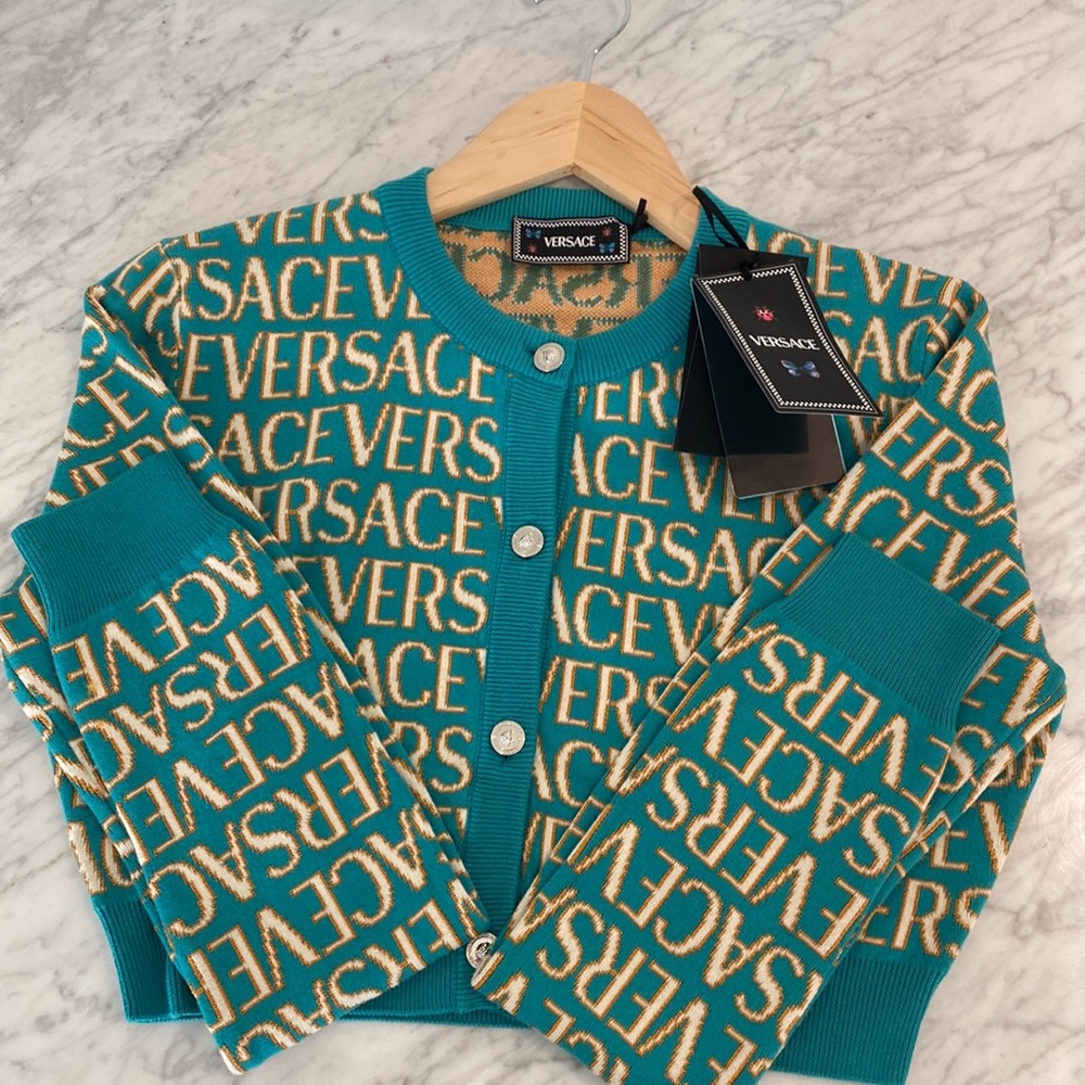 Authentic VERSACE Allover logo-jacquard cropped cardigan